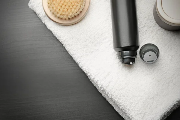 Set for personal care with deodorant on dark table — Stock Photo, Image