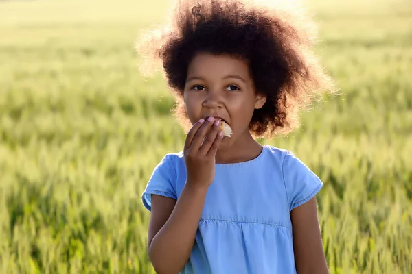 Piccola ragazza afro americana in campo verde — Foto Stock