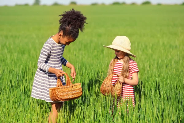 Happy little girls with wicker baskets in green field — Stock Photo, Image