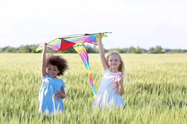 Happy little girls with kite in green field — Stock Photo, Image