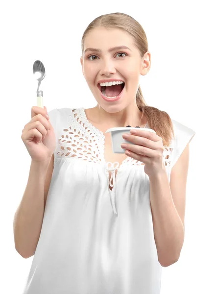 Mujer comiendo yogur —  Fotos de Stock