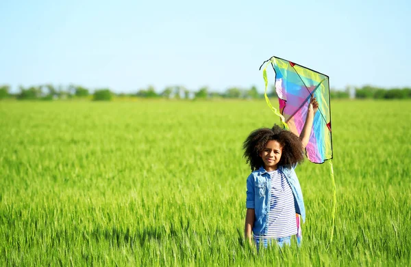 Menina afro-americana feliz com pipa no campo verde — Fotografia de Stock