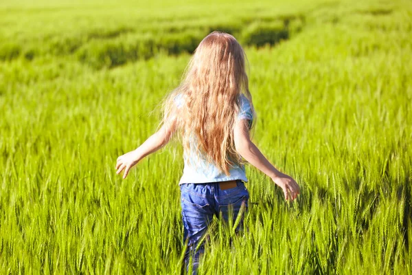 Niña feliz en el campo verde —  Fotos de Stock