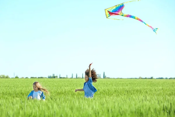 Happy little girls with kite in green field — Stock Photo, Image