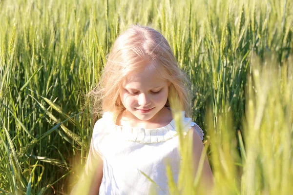 Little girl in green field — Stock Photo, Image