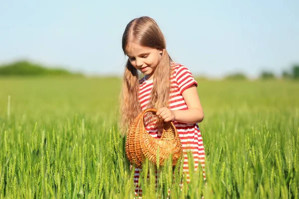 Menina feliz com cesta no campo verde — Fotografia de Stock