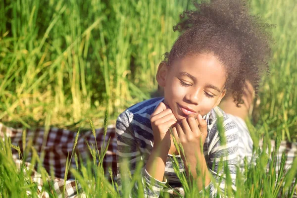 小黑人的美国姑娘，在绿色的田野 — 图库照片