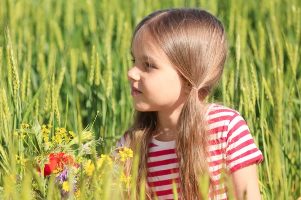 Little girl with bouquet of wildflowers in green field — Stock Photo, Image