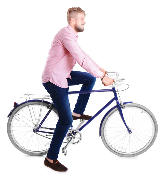 Młody przystojny mężczyzna z roweru na białym tle — Zdjęcie stockowe