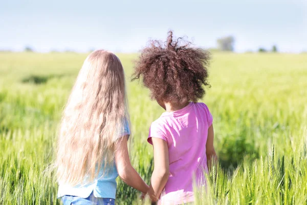 Meninas felizes no campo verde — Fotografia de Stock