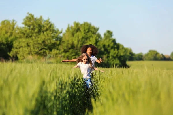 Glückliche kleine Mädchen im grünen Feld — Stockfoto