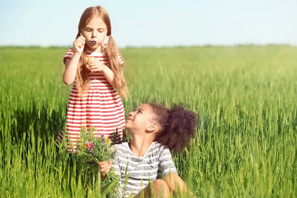 Felici bambine in campo verde — Foto Stock