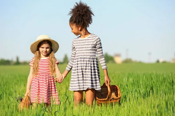 Niñas felices con cestas de mimbre en el campo verde —  Fotos de Stock