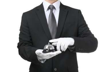 Adam beyaz arka plan üzerinde bell ile