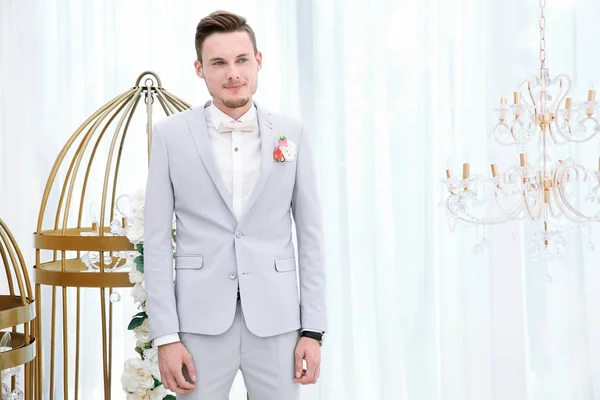 Handsome groom on wedding day, indoors — Stock Photo, Image