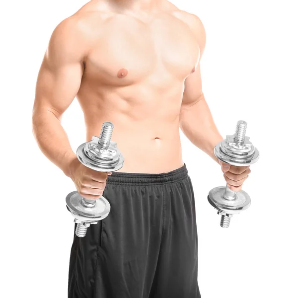 Sporty young man doing exercise with dumbbells on white background — Stock Photo, Image