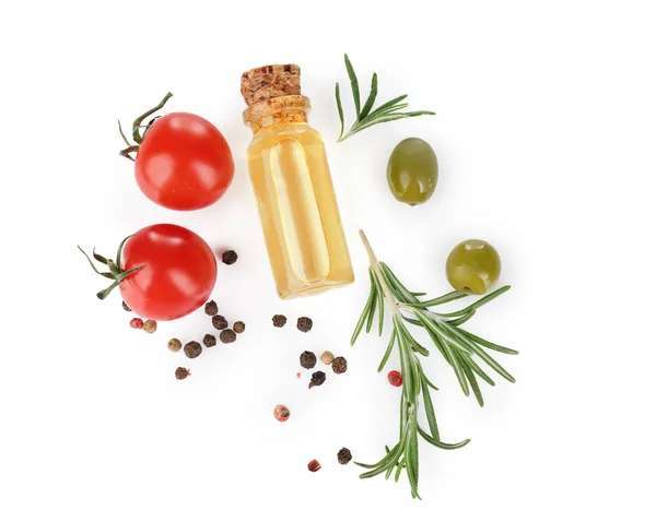 Botella con aceite de romero, tomates y especias —  Fotos de Stock