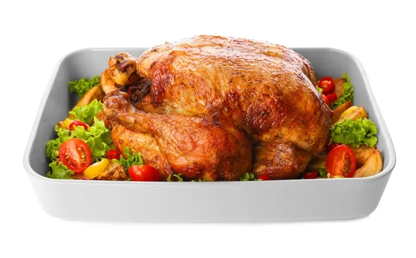 Baking dish with roasted turkey and vegetables on white background — Stock Photo, Image