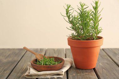 Biberiye ve kase yapraklarda ahşap masa ile pota