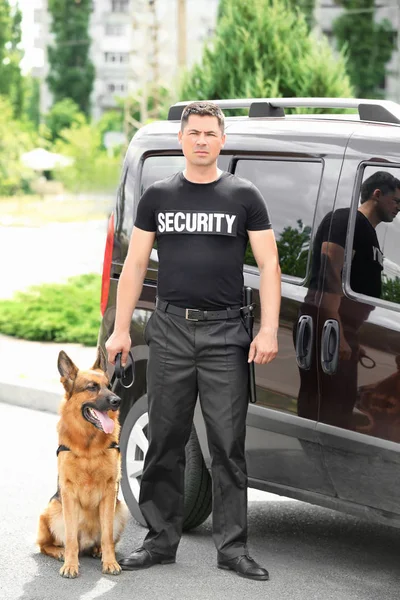 Ochroniarz z psem w pobliżu samochodów, na zewnątrz — Zdjęcie stockowe
