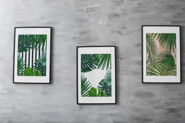 Framed pictures of tropical leaves on grey background — Stock Photo, Image