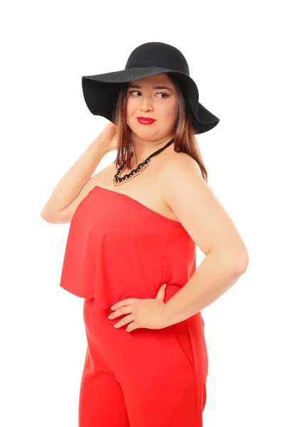 Mooie stijlvolle overgewicht vrouw op witte achtergrond — Stockfoto