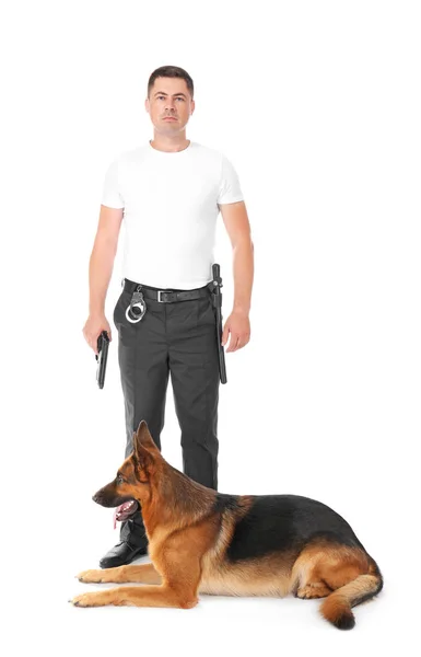Охранник с собакой на белом фоне — стоковое фото