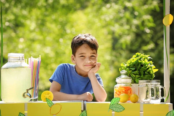 Lindo niño esperando clientes en el puesto de limonada en el parque —  Fotos de Stock