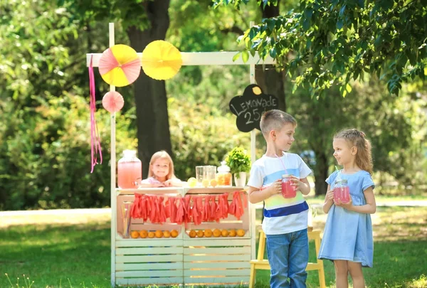 Urocze małe dzieci ciasteczkami domowej lemoniady w parku — Zdjęcie stockowe