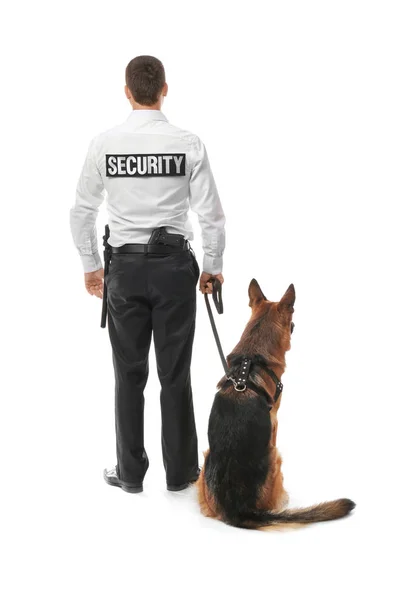 Biztonsági őr kutyával, fehér háttér — Stock Fotó