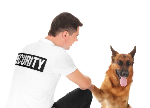 Охранник с собакой на белом фоне — стоковое фото
