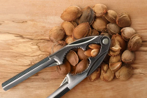 Nussknacker-Werkzeug mit Aprikosenkernen auf Holzgrund — Stockfoto