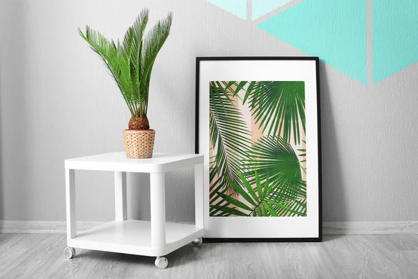 Gerahmtes Bild von tropischen Blättern und Sago-Palme auf farbigem Wandhintergrund — Stockfoto