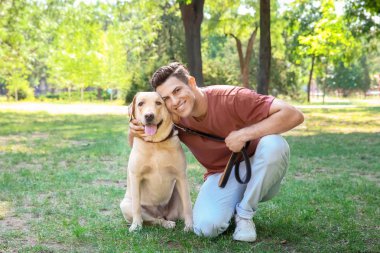 Park sarı av köpeği ile genç adam