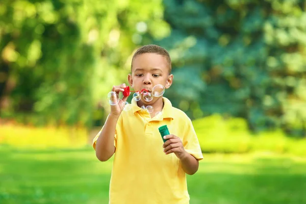 Süße Afrikanisch Amerikanische Junge Pustet Seifenblasen Freien — Stockfoto
