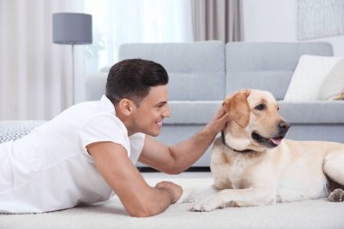 Genç adam sarı av köpeği ile evde istirahat