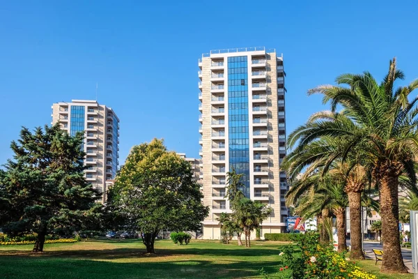 Güneşli güzel tropikal ağaçlar ve Binalar görünümü