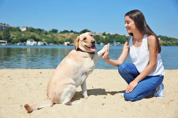 Ung kvinna vilar med gula retriever nära floden — Stockfoto