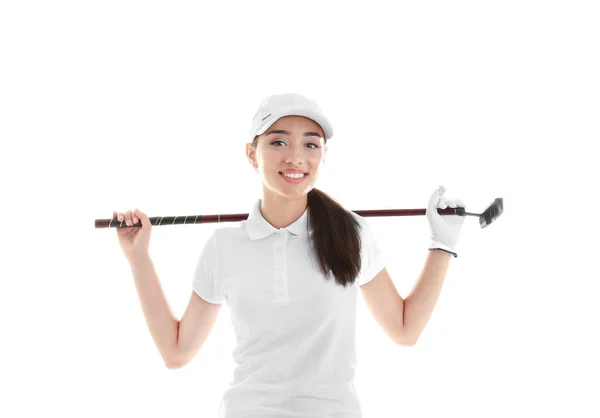 Žena držící golfového klubu na bílém pozadí — Stock fotografie