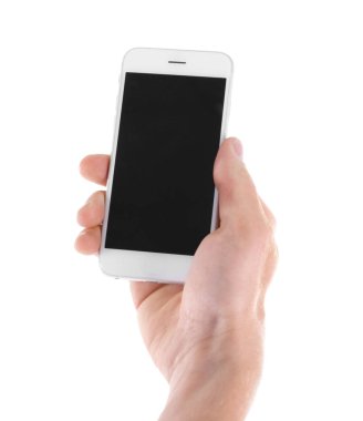Beyaz arka plan üzerinde closeup Smartphone tutan adam