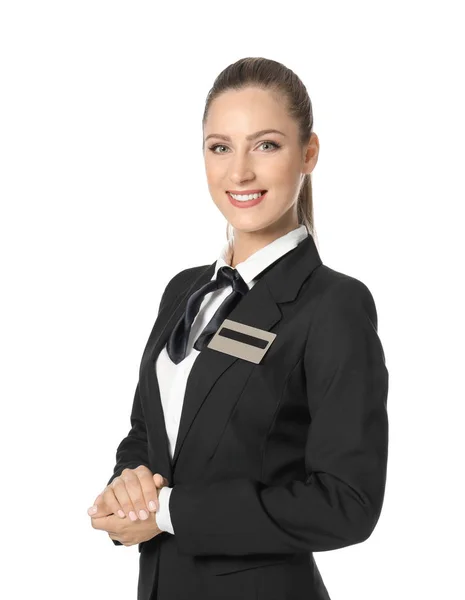 Recepcionista de hotel femenina en uniforme sobre fondo blanco — Foto de Stock