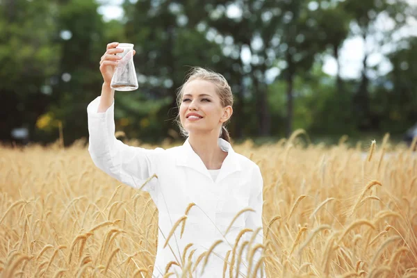 Junge Agronomin mit Laborkolben im Weizenfeld — Stockfoto