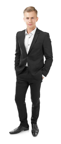 Young man in black suit on white background — Stock Photo, Image
