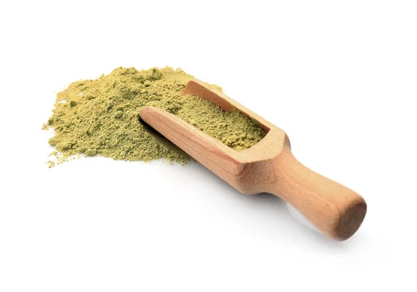 Heap of hemp protein with scoop, isolated on white — Stock Photo, Image