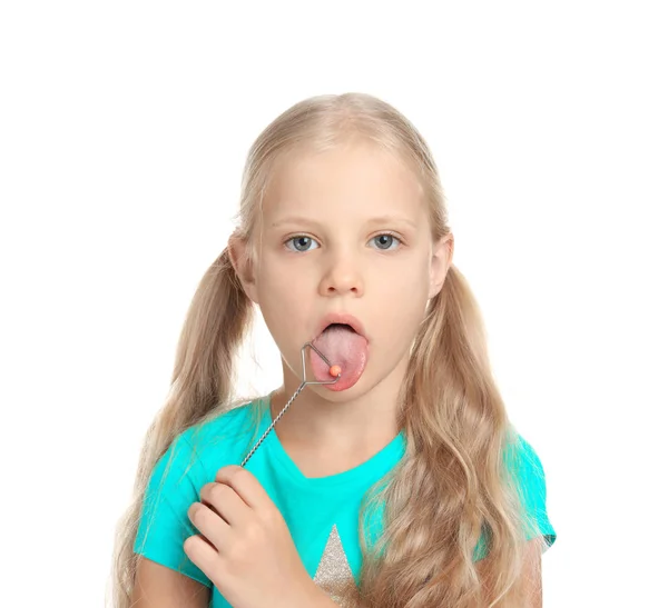 Ragazza con sonda logopedica per la correzione del linguaggio — Foto Stock