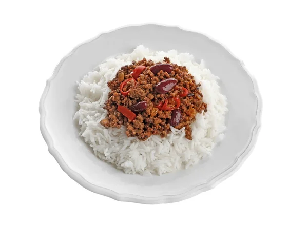 Chili con carne served with rice Stock Photo