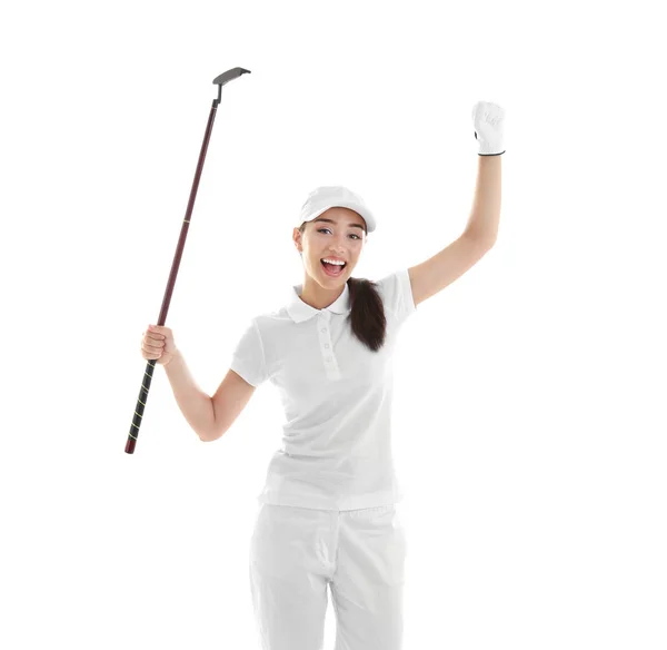 Vrolijke vrouwelijke golfspeler op witte achtergrond — Stockfoto