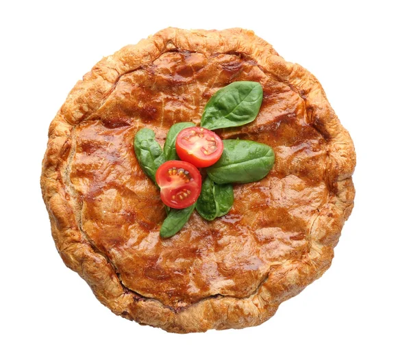 Tasty pie with spinach on white background — Stock Photo, Image