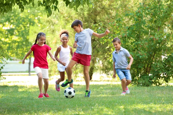 Милые дети играют в футбол в парке — стоковое фото
