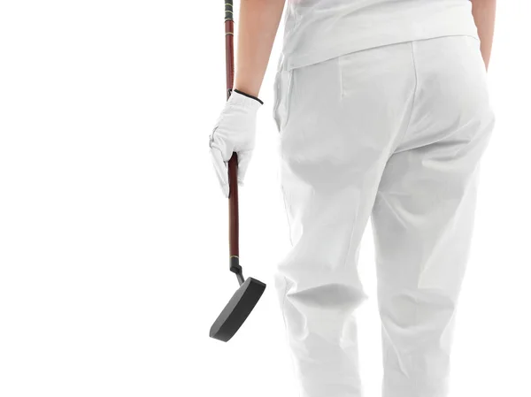 Woman holding golf club on white background — Stock Photo, Image